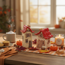 Product Ceramic House Decoration Set Small Houses with Red Roof 8cm 2pcs
