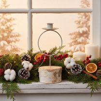 Product **Birch Wood Candle Holder with White Metal Ring 20cm**
```html
<h2>Decorative Birch Wood Candle Holder with White Metal Ring</h2>
<p>
This decorative candle holder combines natural birch wood with a minimalist white metal ring to create an elegant and