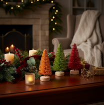 Product Artificial Mini Christmas Trees with Wooden Base, 16cm, Set of 6, Multicoloured