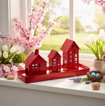 Product Red Metal Tealight Holder House Set with Tray 35cm
