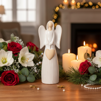 Product Angel Figurine with Heart Decoration in Cream White, Ceramic, 23cm