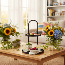 Product Round Metal Two-Tiered Decorative Tray Black 58cm