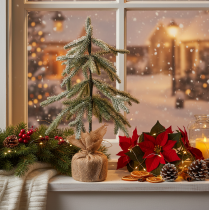 Product 50cm Snow-Dusted Artificial Christmas Tree with Warm White LEDs and Burlap Base for Indoor Use