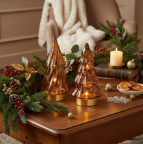 Product Glass Christmas Tree LED Decoration, Battery-Operated, 13cm, Set of 2, Brown and Gold