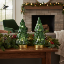 Product Green Glass Christmas Tree with LED Lights, 13cm, Set of 2