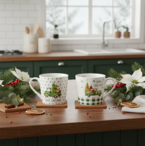 Product Set of 2 Ceramic Christmas Coffee Mugs with Merry Christmas Car Motifs, 10 cm