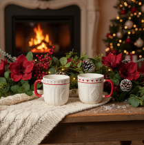 Product Set of 2 Ceramic Mugs with Red Handles, Knitted Pattern, and Heart Decoration, 9cm