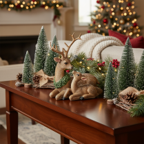 Product Deer Family Figurine with Snow, Plastic, 17cm, Brown-Green-White, Indoor Winter Decoration