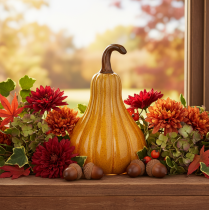 Product Ceramic Decorative Pumpkin 18cm Dark Yellow with Brown Stem