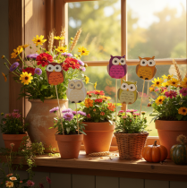 Product Wooden Owl Plant Stakes for Flower Arrangements and Pots, 31cm, Set of 12