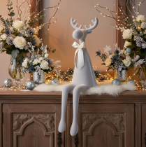 Product Beflocked Grey Elk Figurine with Bow, 80cm Sitting Edge Decoration