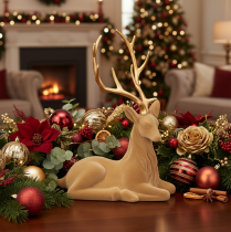 Product Flocked Lying Stag Decoration with Gold Antlers, 58cm, Light Brown