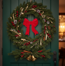 Product Red Flocked Decorative Bow with Hanging String for Indoor Christmas Decor - 22cm