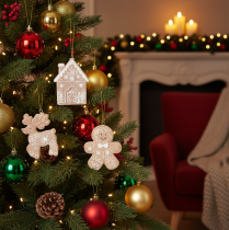 Product Set of 4 Christmas Ornaments in Gingerbread Look – Reindeer, Gingerbread Man, House, Snowflake – 7cm – Plastic – Brown and White