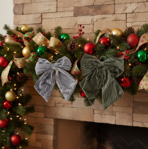 Product Velvet Ribbed Hanging Christmas Bows 24cm Grey and Olive Green Set of 2