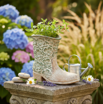 Product Cowboy Boot Planter 24cm Vintage Flower Pattern Polyresin Brown