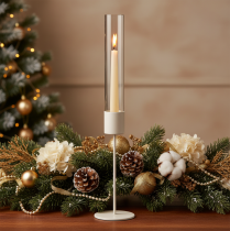 Product Candle Holder with Glass Cylinder on Metal Base 50cm Taupe