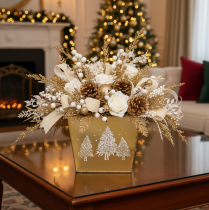 Product Metal Planter with Glittering Christmas Tree Design, 18cm, Gold