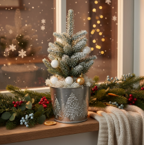 Product Metal Planter with Glitter Tree Motif, 13cm, Silver