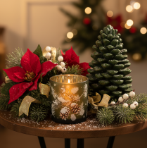 Product Glass Candle Holder with Winter Pine Motif, 8cm, Set of 2