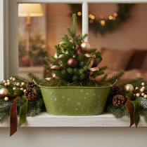 Product Oval Green Metal Bowl with Stars and Handles 31x16cm H12.5cm
