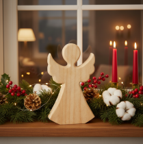 Product Wooden angel decorative figure made of light natural wood, Christmas decoration, 30cm