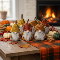 Product Set of 6 Autumn-Themed Gnome Figures with Knitted Hats, 10cm, Red and Brown