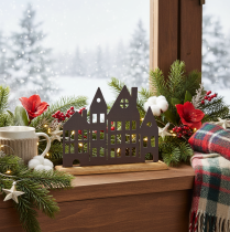 Product Metal Row of Houses Decoration with Wooden Base 30cm, Copper-Coloured