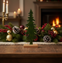 Product Decorative Metal Pine Tree Figure with Wooden Base 36cm
