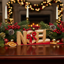 Product Wooden "Noel" Lettering with Red Bow, 18cm, Indoor Christmas Decoration