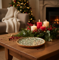 Product Wooden Christmas Decorative Plate with Holly Design, 25cm