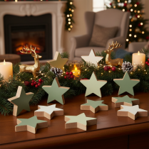 Product Wooden Star Decoration Set - 5cm Stars in Mint & White for Tables & Windowsills, Set of 9