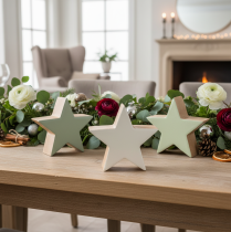 Product Wooden Star Figurines Decoration Set 10cm Mint Green and White, 3 Pieces