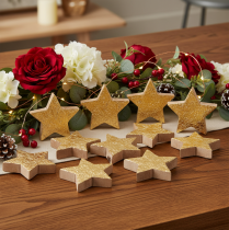 Product Golden Wooden Star Decoration 5 cm for Indoor Table Decoration – Set of 9