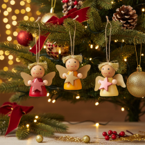 Product Wooden Angel Hanging Decorations with Star, 5cm, Set of 9