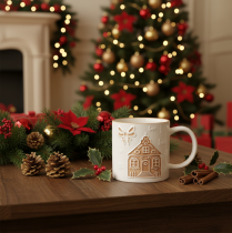 Product Ceramic Mug with House Design and Relief Pattern, 9cm, Beige and White