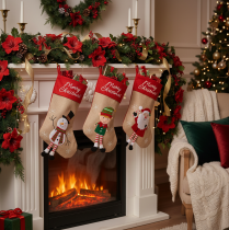 Product Set of 3 Christmas Stockings with Santa, Snowman, and Elf Designs, 50cm, Red and Beige Fabric