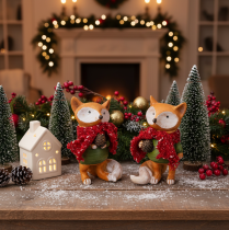 Product Set of 2 Polyresin Fox Figures with Scarf and Pine Cone, 10 cm, Autumn Decor
