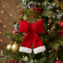 Product Red Flannel Hanging Bow with Plush Trim, 25cm
