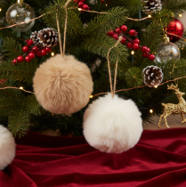 Product 7cm Hanging Faux Fur Pom-Poms Decoration Set of 6 in White and Beige