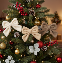Product Plush Hanging Decoration Bows with String 16cm Set of 3 in Brown, Beige, and Cream