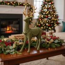 Product Decorative Standing Deer Figure, Flocked Surface, Gold Antlers, 31cm, Green, Indoor Decoration