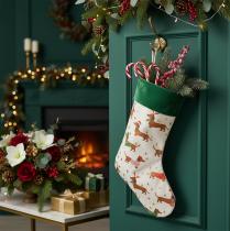 Product Christmas Stocking with Dachshund Design, 50cm, Fabric, Green and White