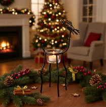 Product Candle Holder Reindeer Black Metal with Removable Tealight Glass 28cm