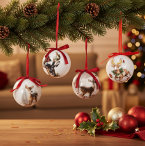 Product Set of 4 Plastic Christmas Baubles with Deer Motif and Hanging Ribbons, 7 cm