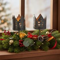 Product Set of 2 Metal Candle Holders with House Design and Spike, 6cm Diameter, Dark Grey
