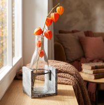 Product Glass vase in grey wooden stand 20cm Rustic decoration with glass bottle
