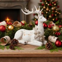 Product Decorative Sitting Stag Figure with Antlers, 30cm, White with Gold and Silver Accents