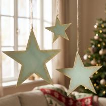 Product Wooden stars for hanging window decoration mint gold 12/20/26cm set of 3