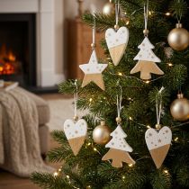 Product Christmas ornaments, wooden star, tree, heart, 6 pieces, white and gold decorative pendants